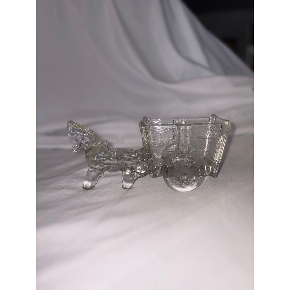 Vintage Clear Glass Horse and Cart Candy Dish Wood Grain Wagon Trinket Bowl